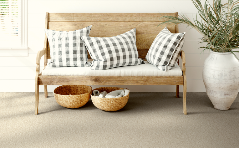 beige carpet in sitting area with wooden bench and natural decor